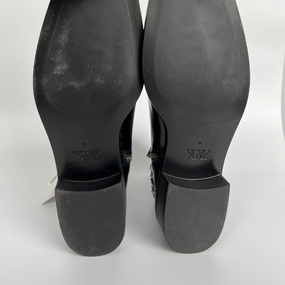 New Zara Short Heel Ankle Boots Pearl Beads Chains Leather Booties Combat Riding - Picture 11 of 14